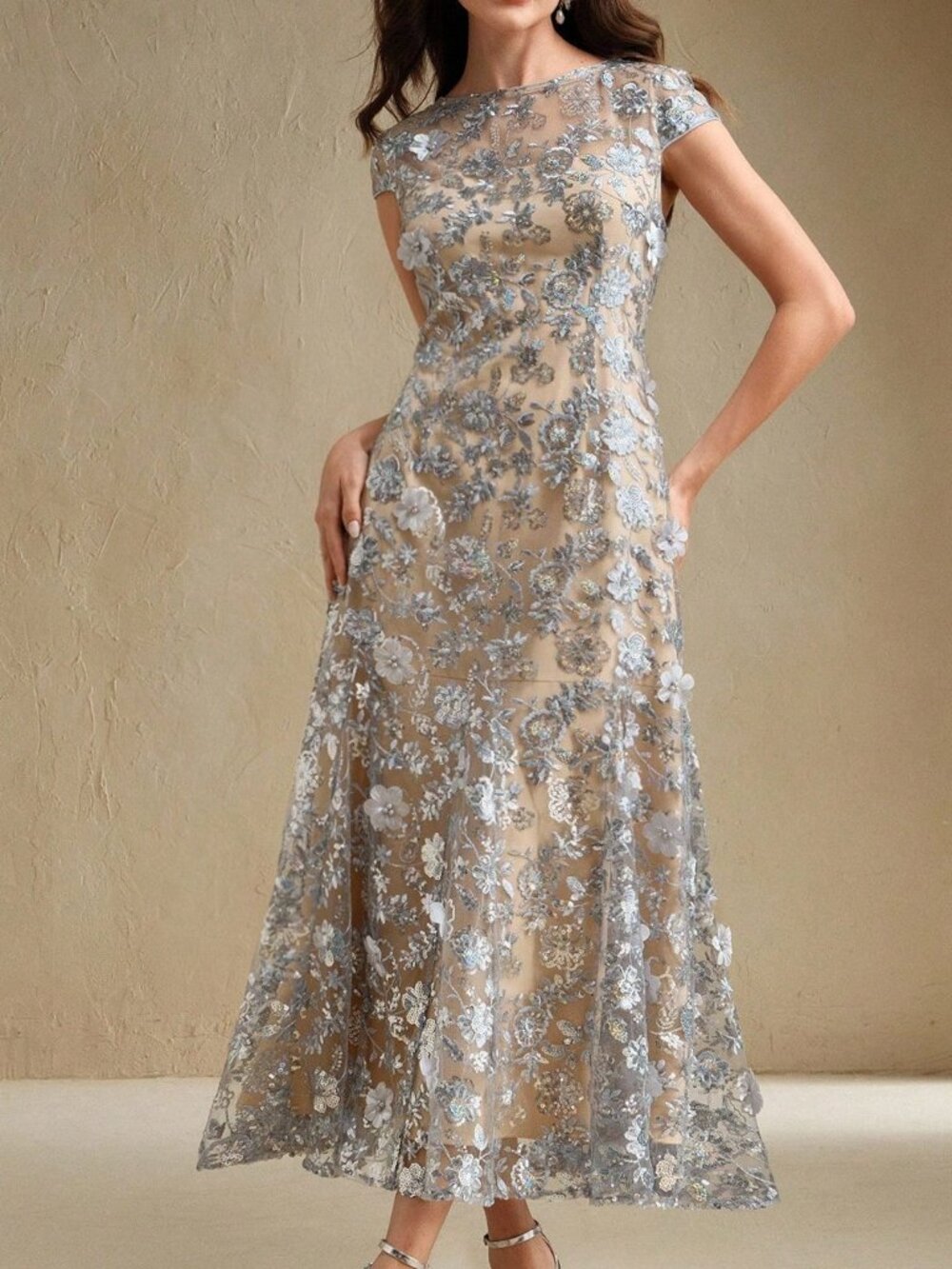 Silver Elegant Women's Floral Mesh Resort Dress with Sparkly Short Sleeves - Picture 5 of 7